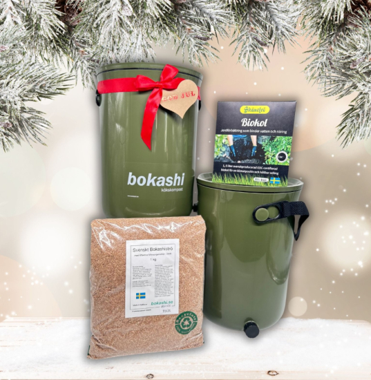 Julklapp Startkit - Bokashi 2.0 olivgrön + 1 kg strö + Svenskt Biokol  i gruppen Julklappar hos bokashi.se (900-212)